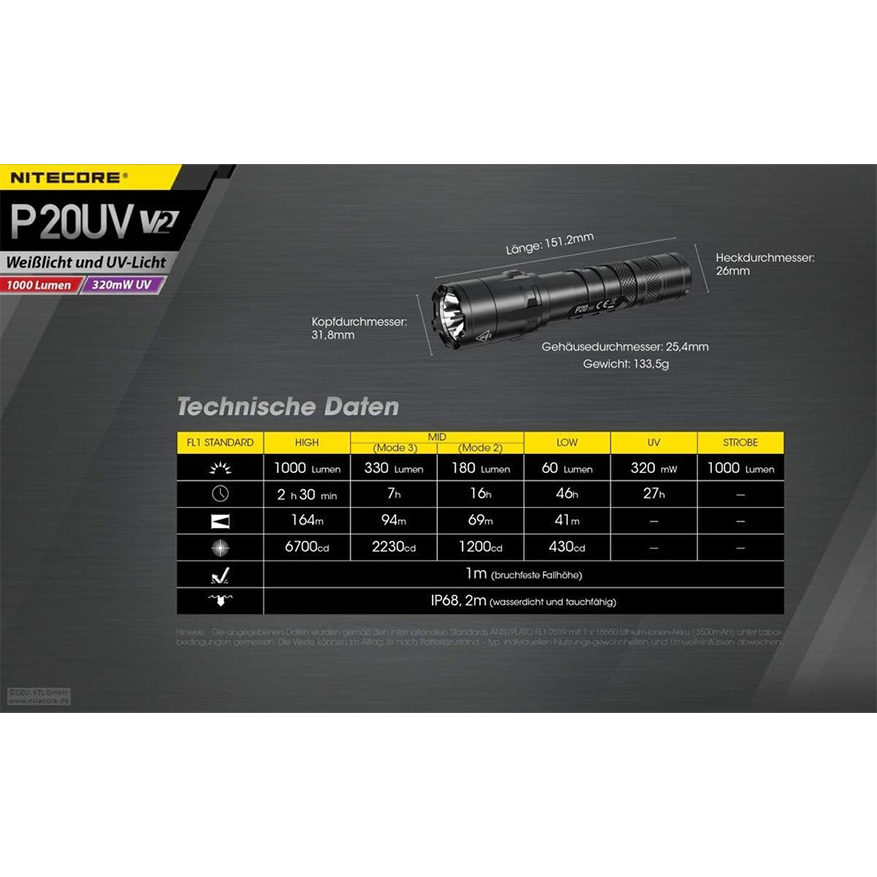 Nitecore P20UV V2 1000 lumens + UV light